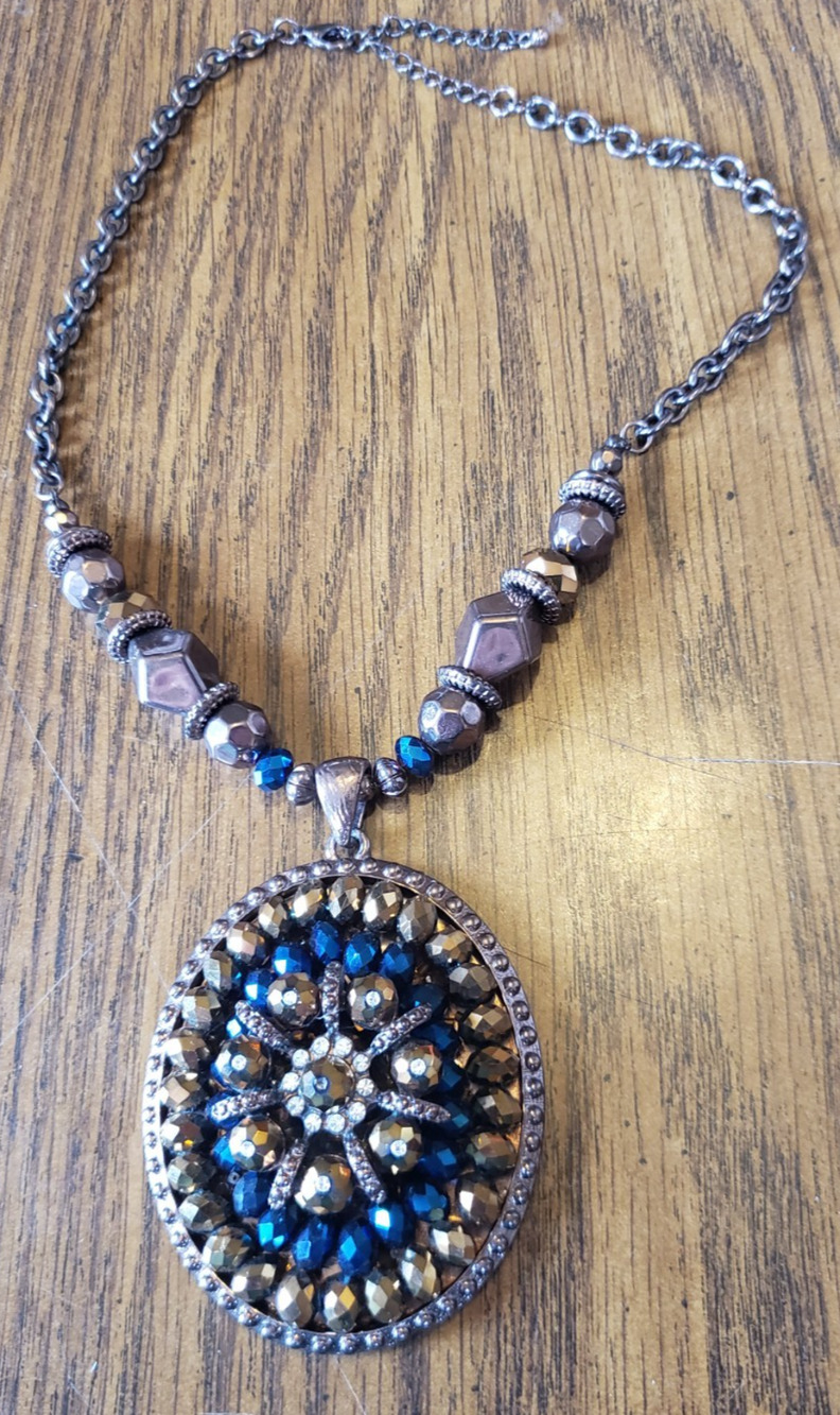 Large Oval Star Blue Gold and Copper Medallion Beaded 12 Inch Necklace